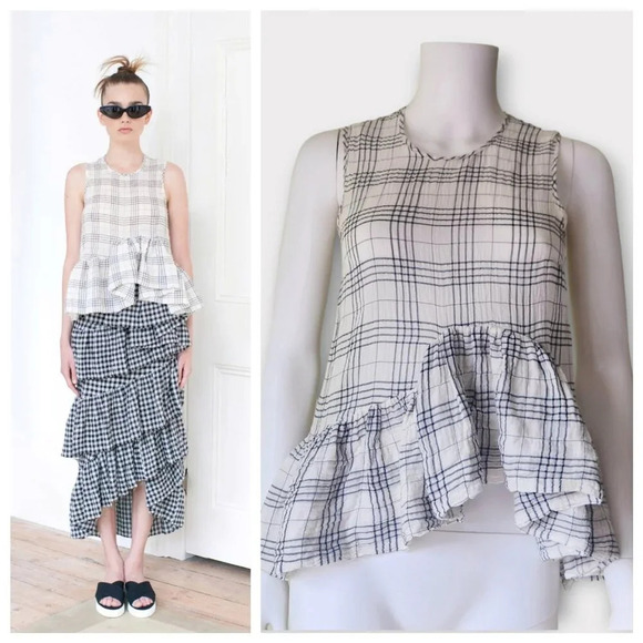 Isa Arfen Sleeveless Ruffle Blouse Size 8 Plaid Check - Picture 1 of 6